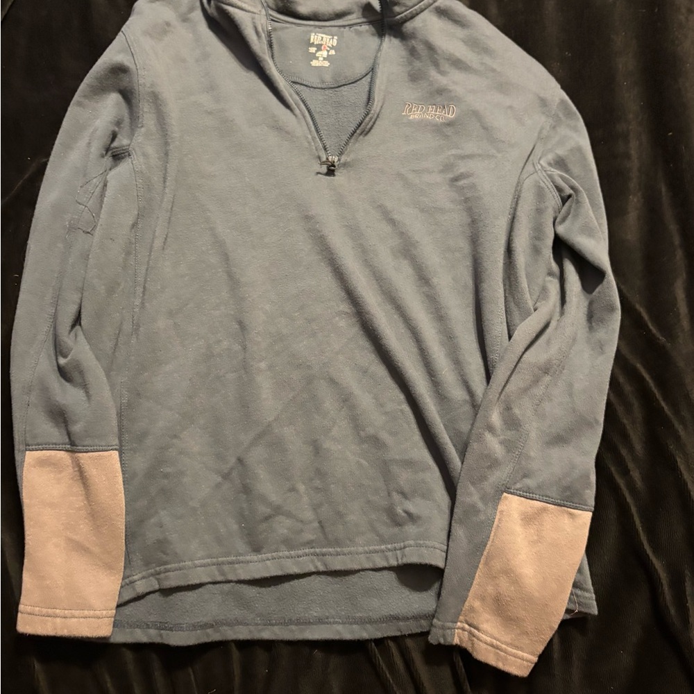 RedHead Blue Zip Up Sweater with Tan Accents